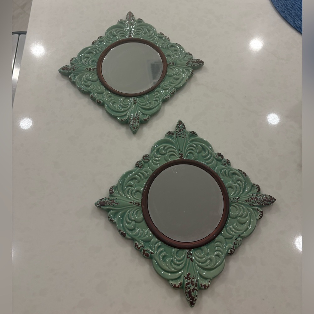 Decorative Mint Green Ceramic Wall Mirrors - Set of 2